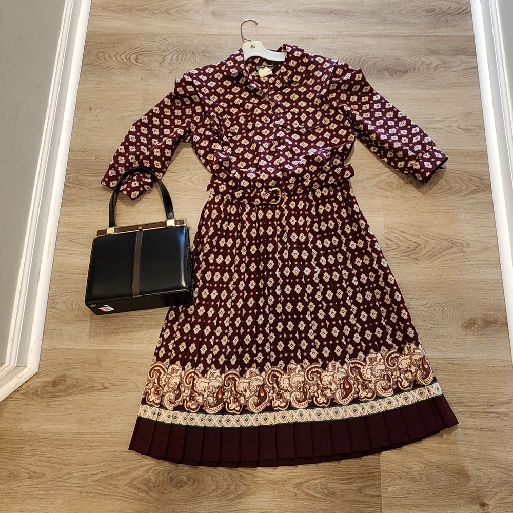 Vintage Breli Made USA Pleated Union Career Work Midi Dress & Purse Bundle Sz 8P